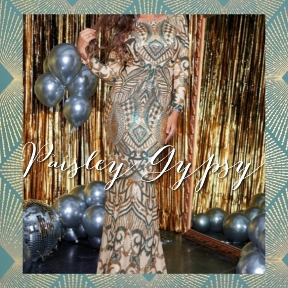 Teal and Gold Long Sleeve Backless Mermaid Contrast Sequin Formal Gown - Picture 2 of 9